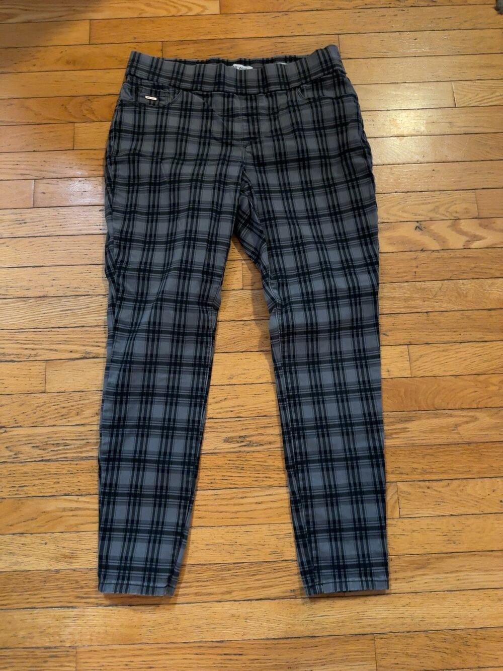 Nine West Heidi Pull On Skinny Plaid Pants Gray Black Women’s Size 12 Stretch